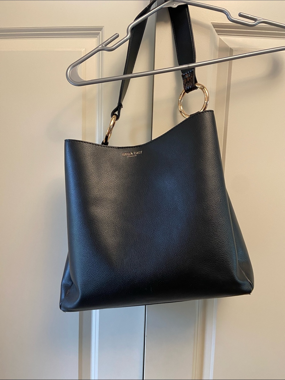 Luella Grey London Black Leather Tote with Gold Ring Accent